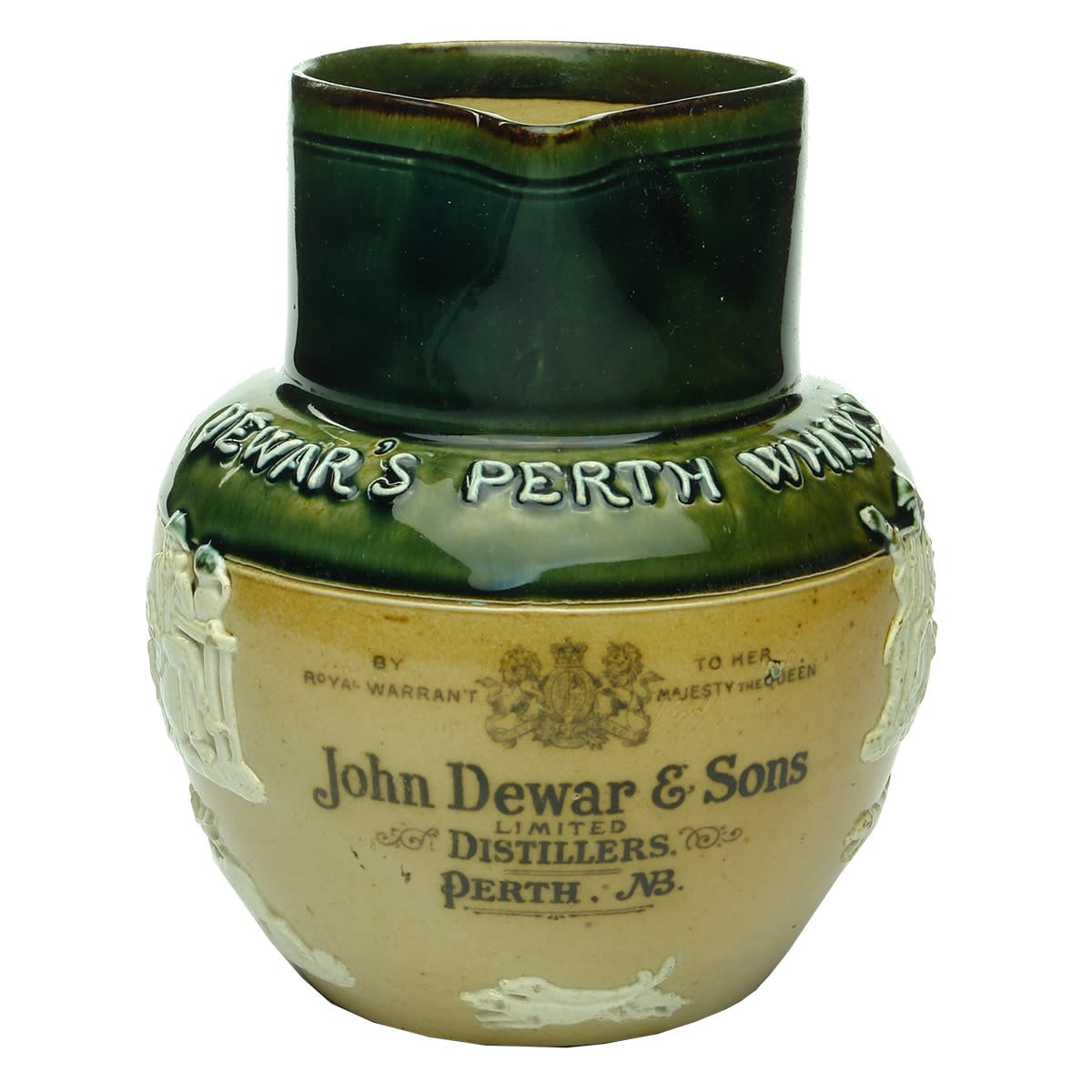 Spirits. Whisky Water Jug. Dewar's Perth Whisky. Doulton Lambeth. Raised decoration. Dewars on shoulder.
