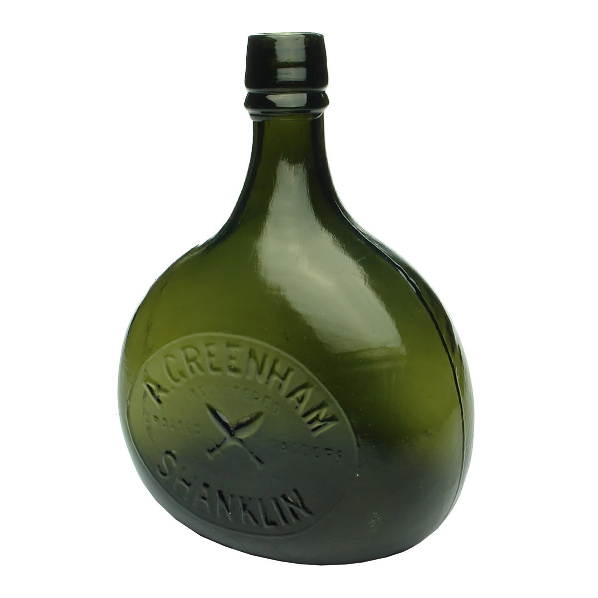 Chestnut shaped Wine. A. Greenham, Shanklin. Crossed Daggers or Clubs. Green. Quart.
