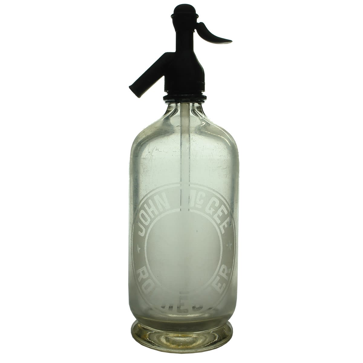 Soda Syphon. John McGee, Rochester. Large round badge. Round syphon. (Victoria)