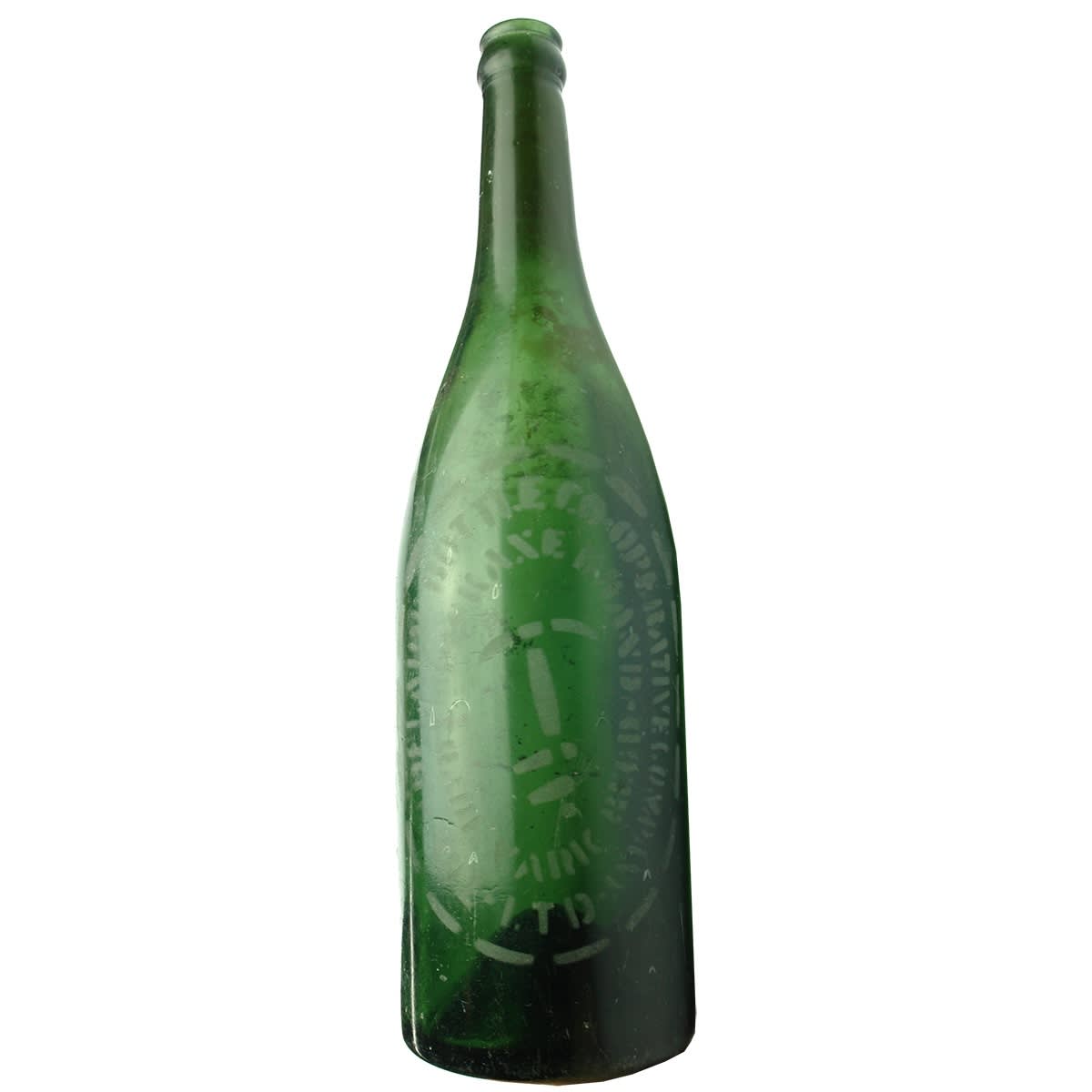 Beer. Pickaxe. The Adelaide Bottle Co-operative Company Ltd. Crown Seal. Green. Sand blasted. Oval badge. 26 oz. (South Australia)