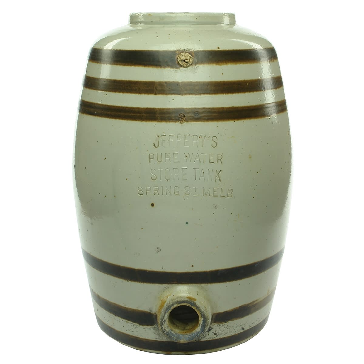 Demijohn/Barrel. Jeffery's Pure Water Store Tank Spring Street Melbourne. 3 Gallon size. Impressed. Tan bands. 405 mm. (Victoria)