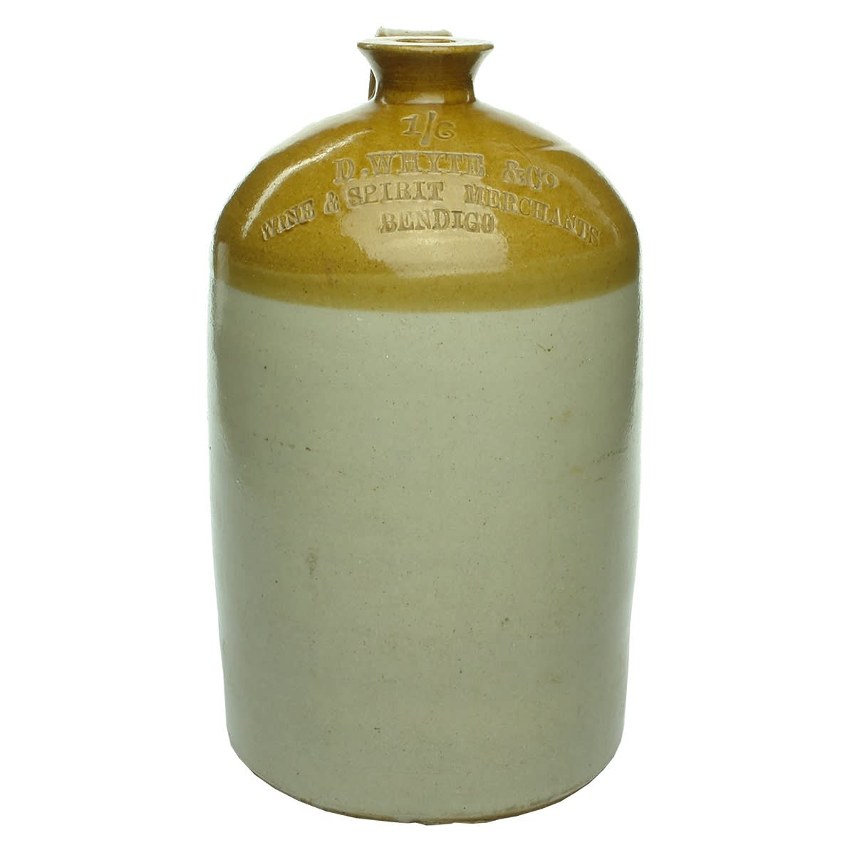 Demijohn. D. Whyte & Co Wine & Spirit Merchants Bendigo. 1/6. Gallon. (Victoria)