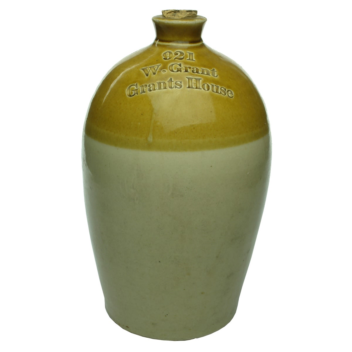 Demijohn. W. Grant, Grants House. Tapered shape. Tan Top. 1 Gallon.