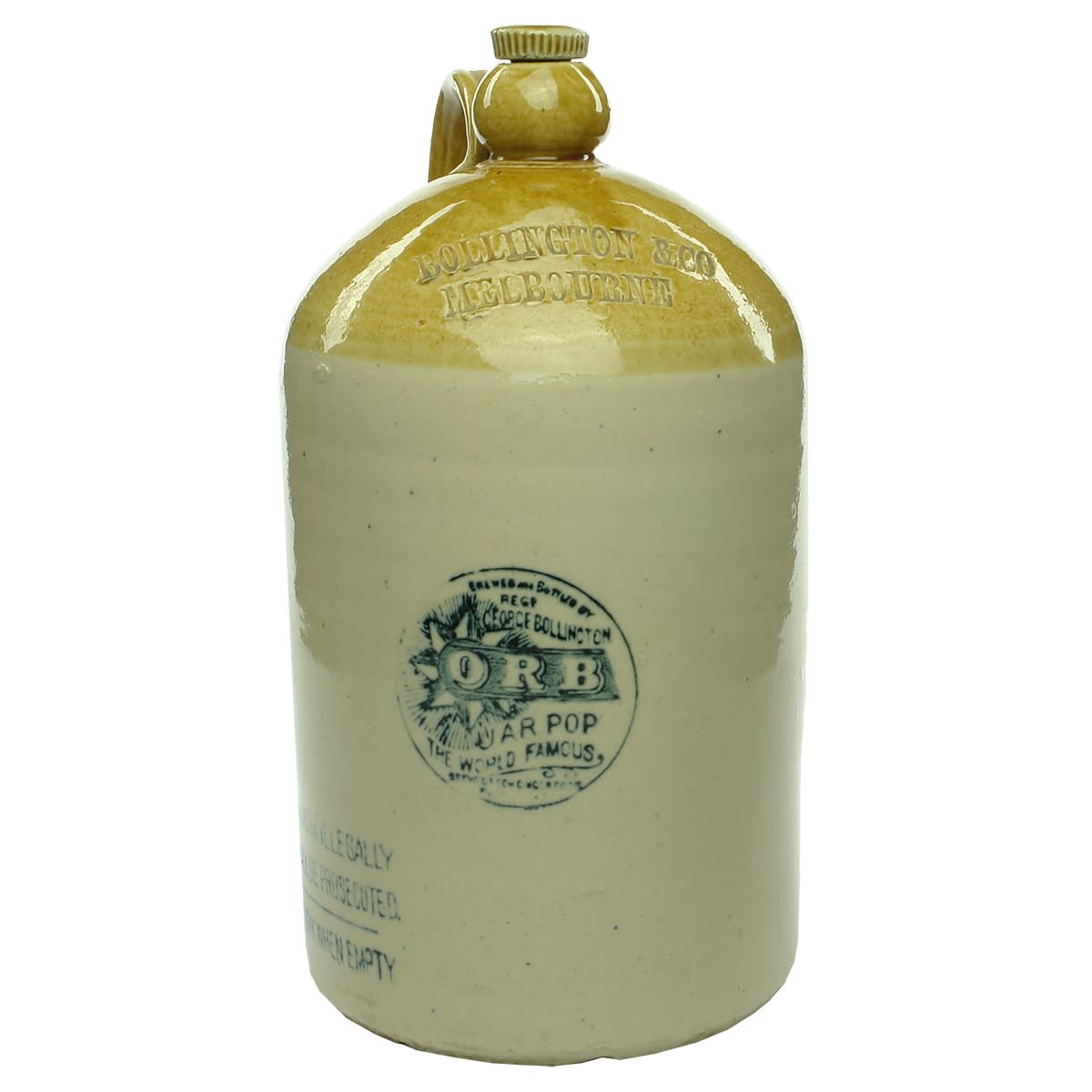 Demijohn. Bollington & Co. George Bollington. Melbourne. ORB Jar Pop. Internal Thread. 1 Gallon. (Victoria)