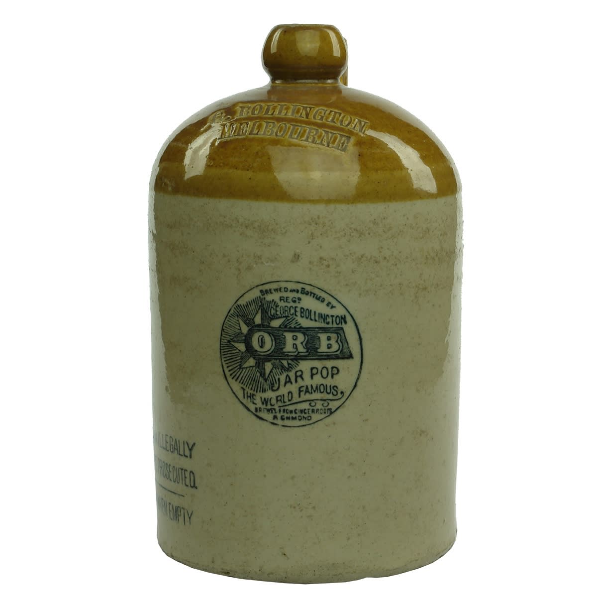 Demijohn. G. Bollington. George Bollington. Melbourne. ORB Jar Pop. Internal Thread. 1 Gallon. (Victoria)