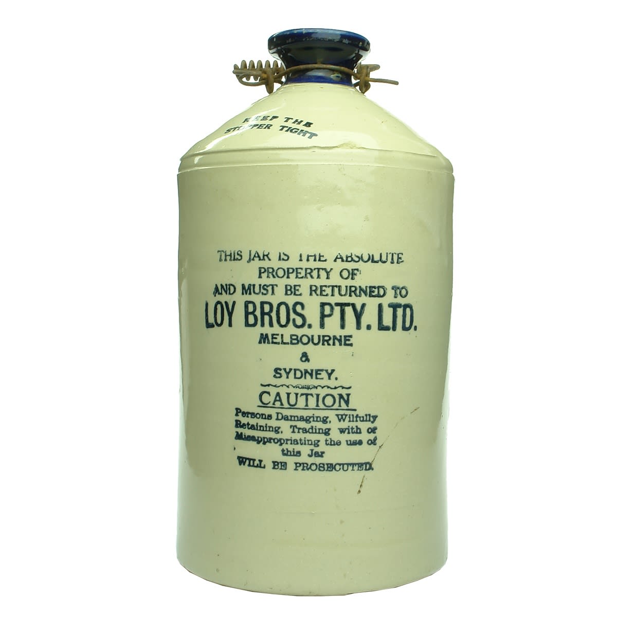 Demijohn. Loy Bros. Pty. Ltd., Melbourne & Sydney. Blue Lip. 1 Gallon. (Victoria, New South Wales)