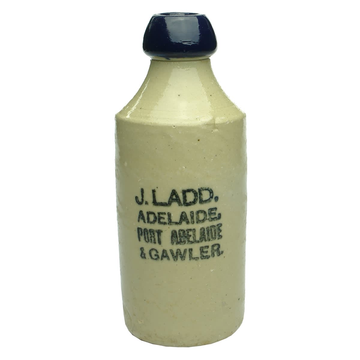 Ginger Beer. J. Ladd, Adelaide, Port Adelaide and Gawler. Federal Pottery, Maylands. Blue Lip. (South Australia)