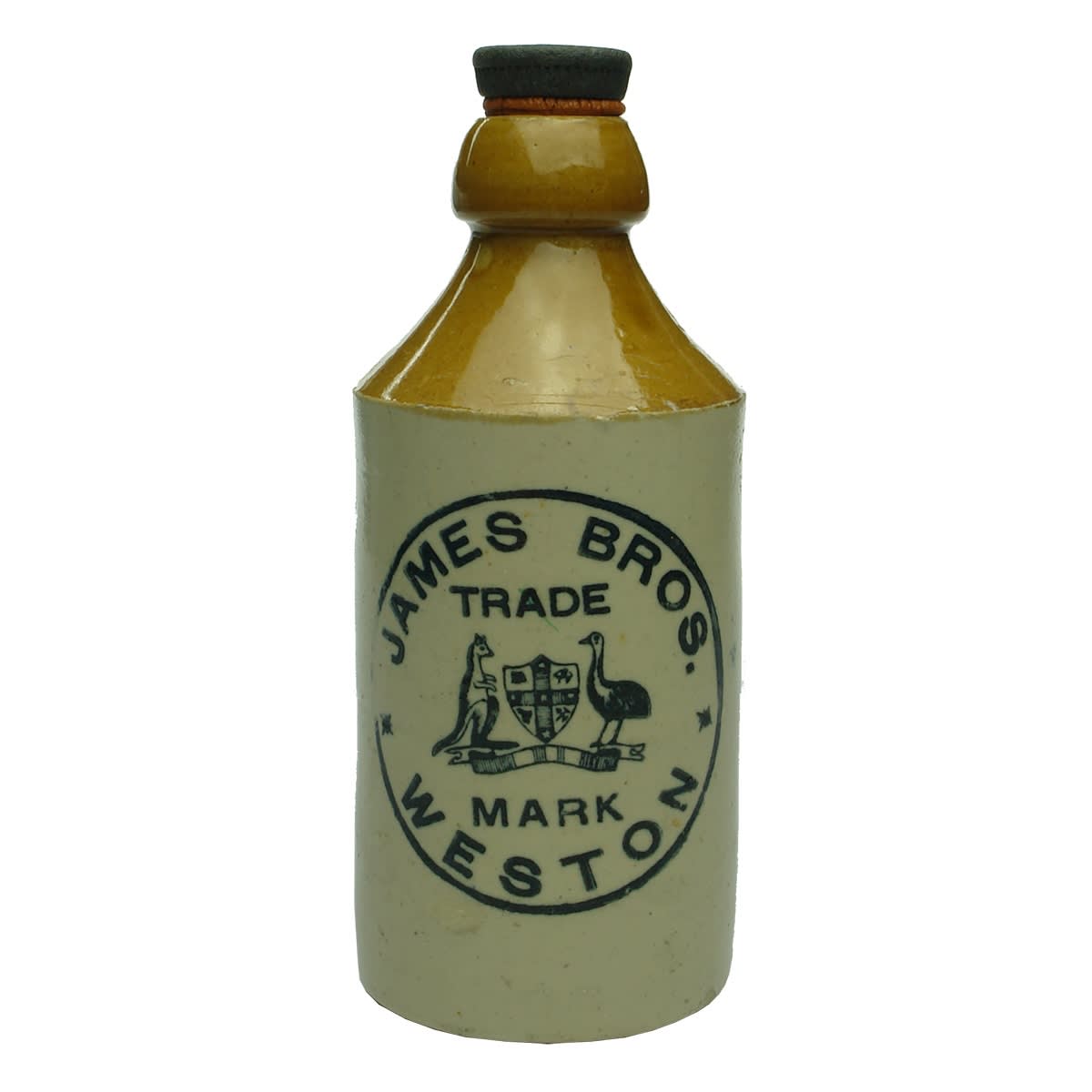 Ginger Beer. James Bros., Weston. Australian Coat of Arms. Dump. Internal Thread. Tan Top. (New South Wales)