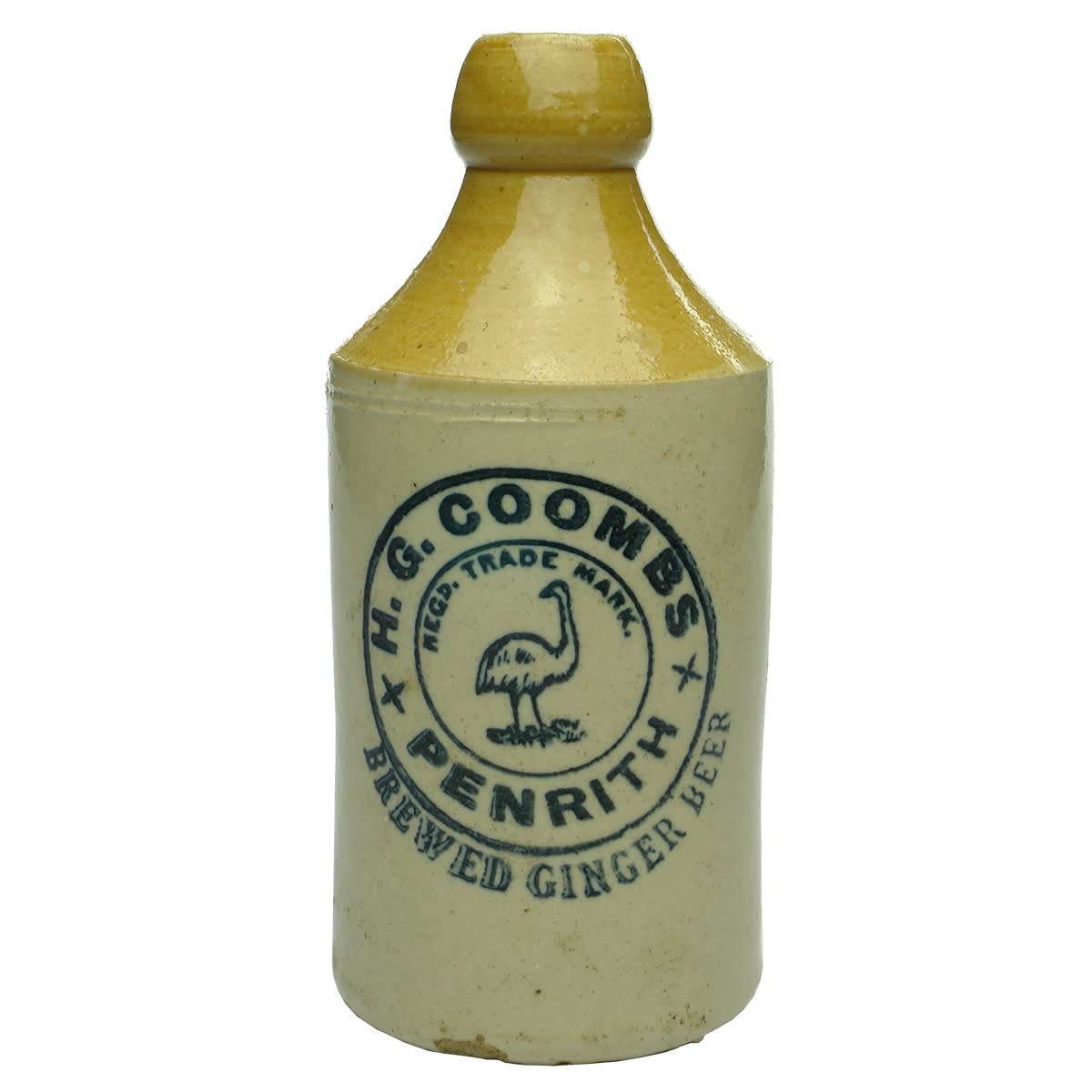 Ginger Beer. H. G. Coombs, Penrith. Emu. Dump. Tan Top. No Potters Stamp. (New South Wales)