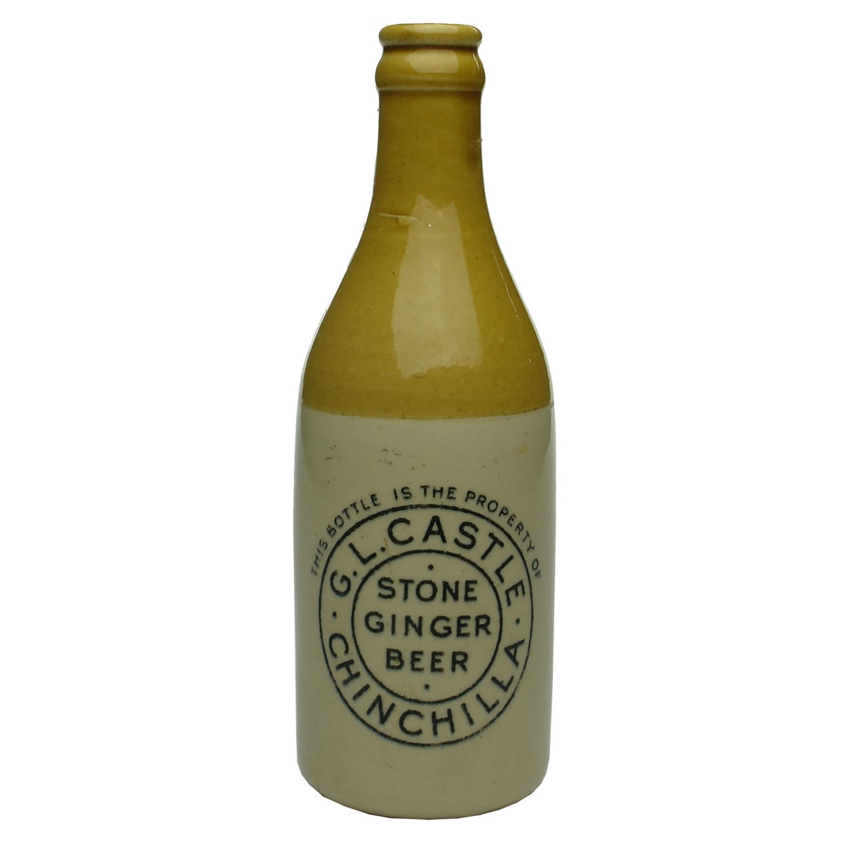 Ginger Beer. G. L. Castle, Chinchilla. Govancroft Pottery. Champagne. Tan Top. 10 oz. (Queensland)
