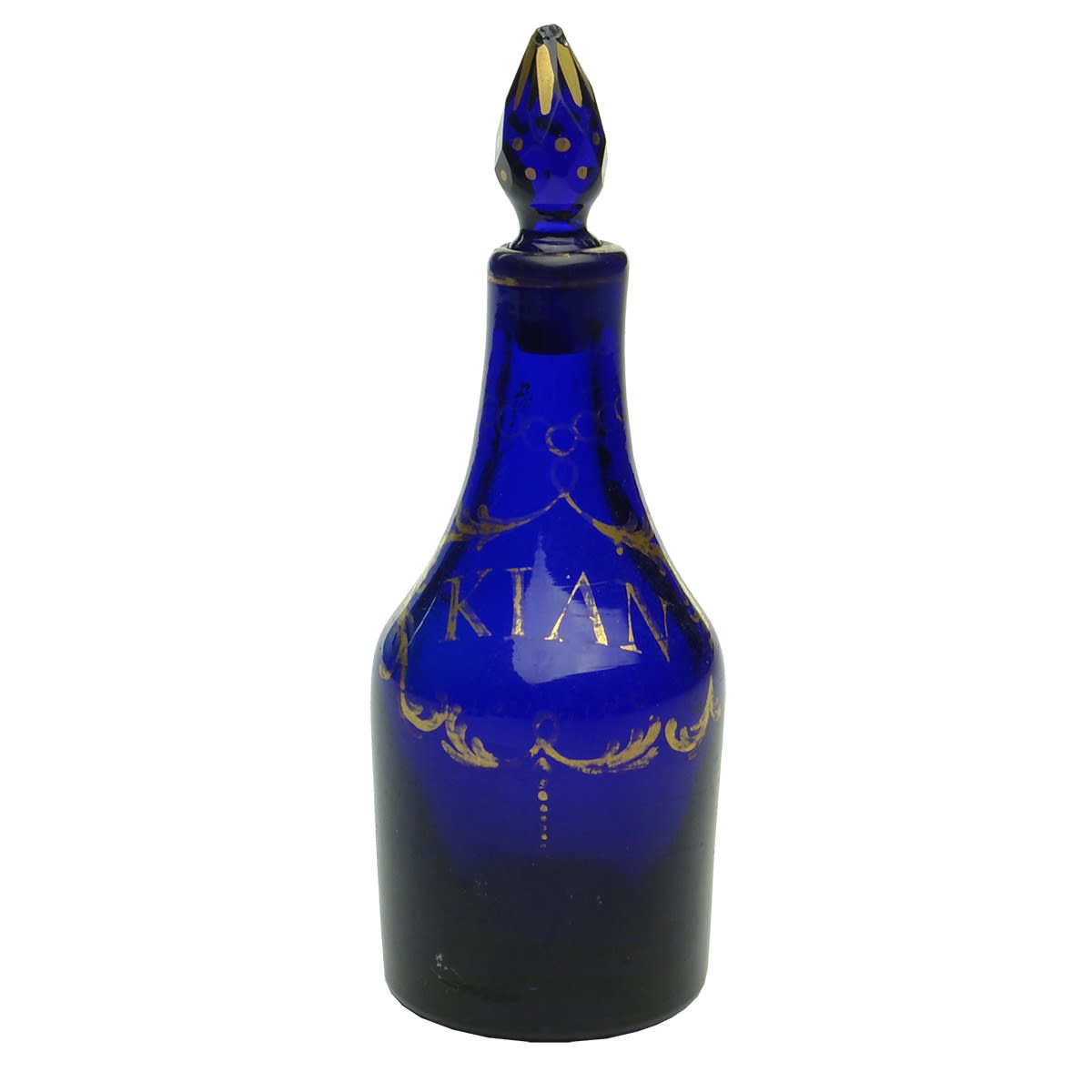 Glassware. Small stoppered cobalt bottle with gold leaf design, KIAN. Polished pontil.