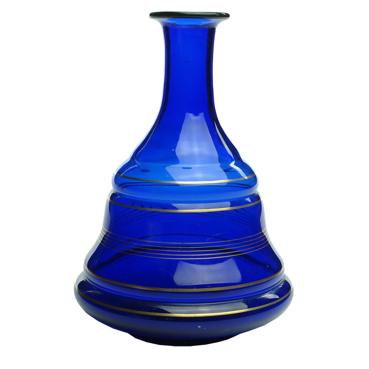 Glassware. Cobalt decanter with gold leaf design. Polished pontil.