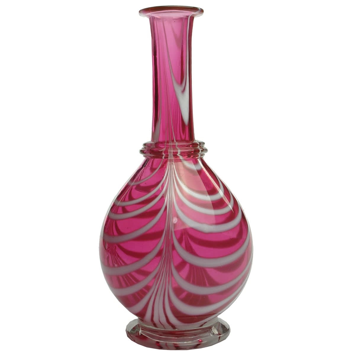 Glassware. Nailsea type decanter, ruby with white swirls. Polished pontil.