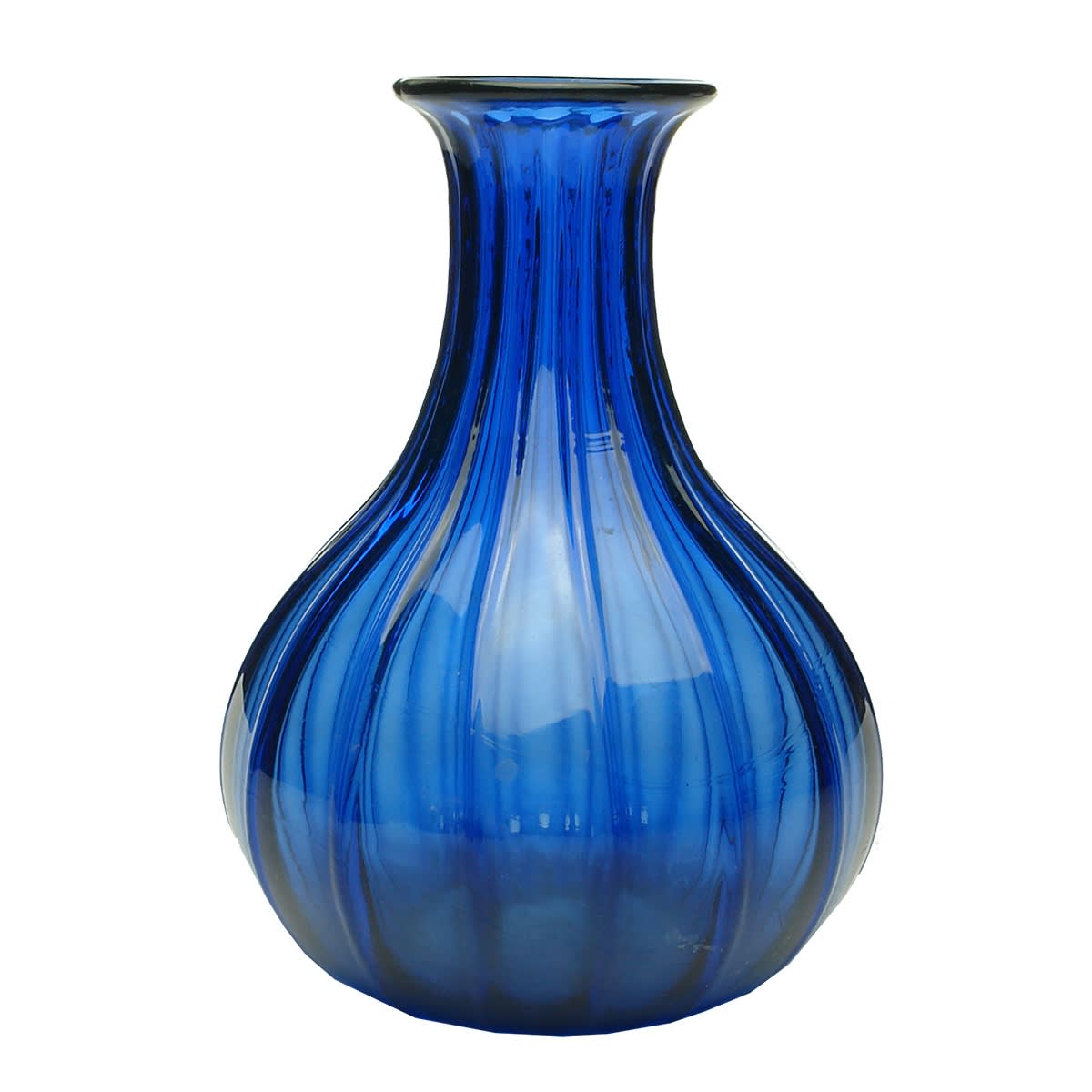 Glassware. Bulbous Blue 16 Sided Container with Polished Pontil.