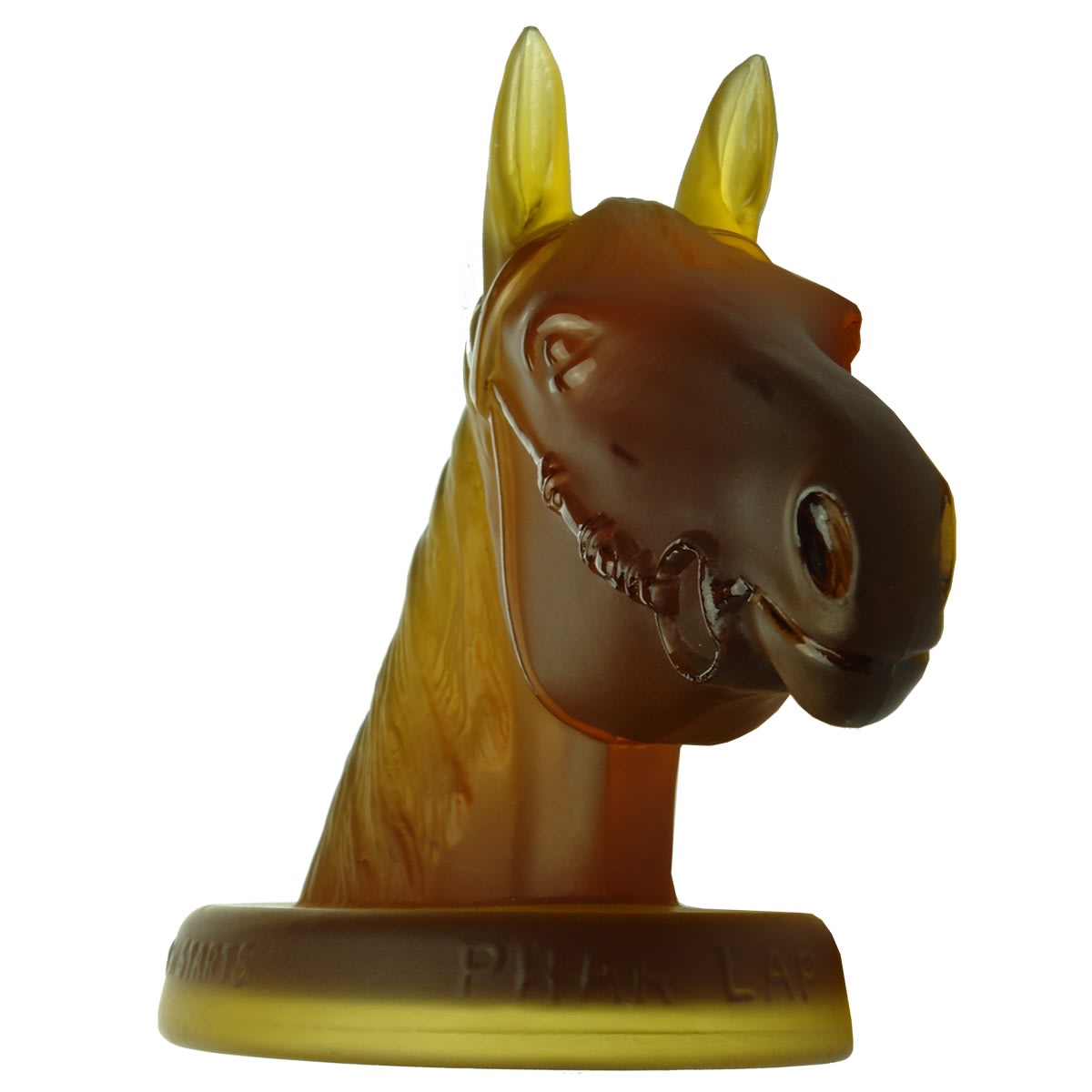 Glassware. Phar Lap, 37 Wins from 51 Starts, 1928-32. Amber glass paperweight.
