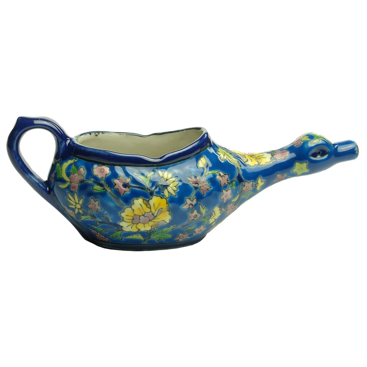 Feeder. French Invalid Feeder, Blue Bird with Hand Decorated Enamel Floral Design. Les Bleus de Louviere. (France)