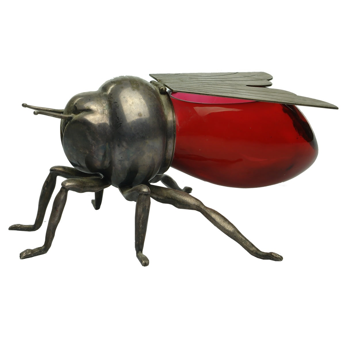 Jar. Mappin & Webb Silverplate and Ruby Glass Bee Shaped Honey Jar. Awarded  by H. R. G. C. to V. J. Bradley, Net 65, 5. 4. 41. (United Kingdom)