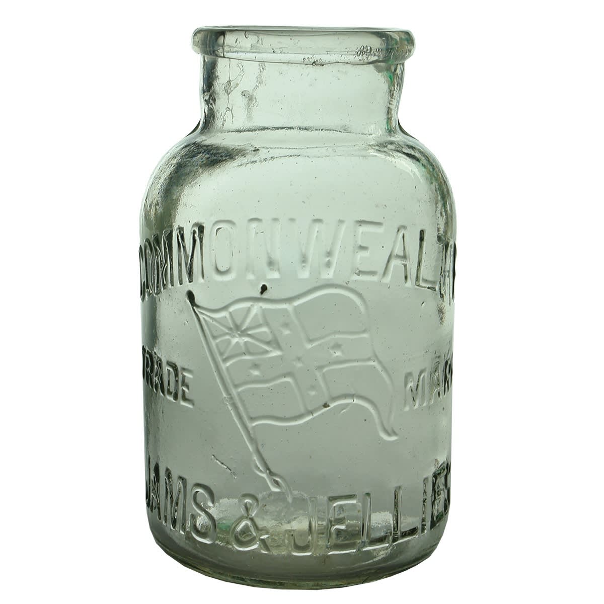 Jar. Commonwealth Jams & Jellies. Flag. M Base Mark. Clear. 2 Pound. (Victoria)