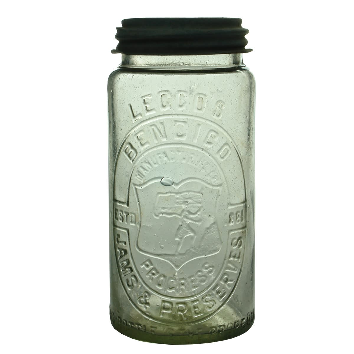 Jam Jar. Leggo's Bendigo. Progress. Mountain climber with Flag. Clear. 30 oz. (Victoria)