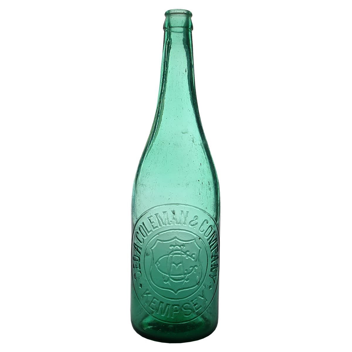 Crown Seal. Geo. A. Coleman & Company, Kempsey. Dark Aqua/Light Green. Spun top. Zetland Glass. (New South Wales)
