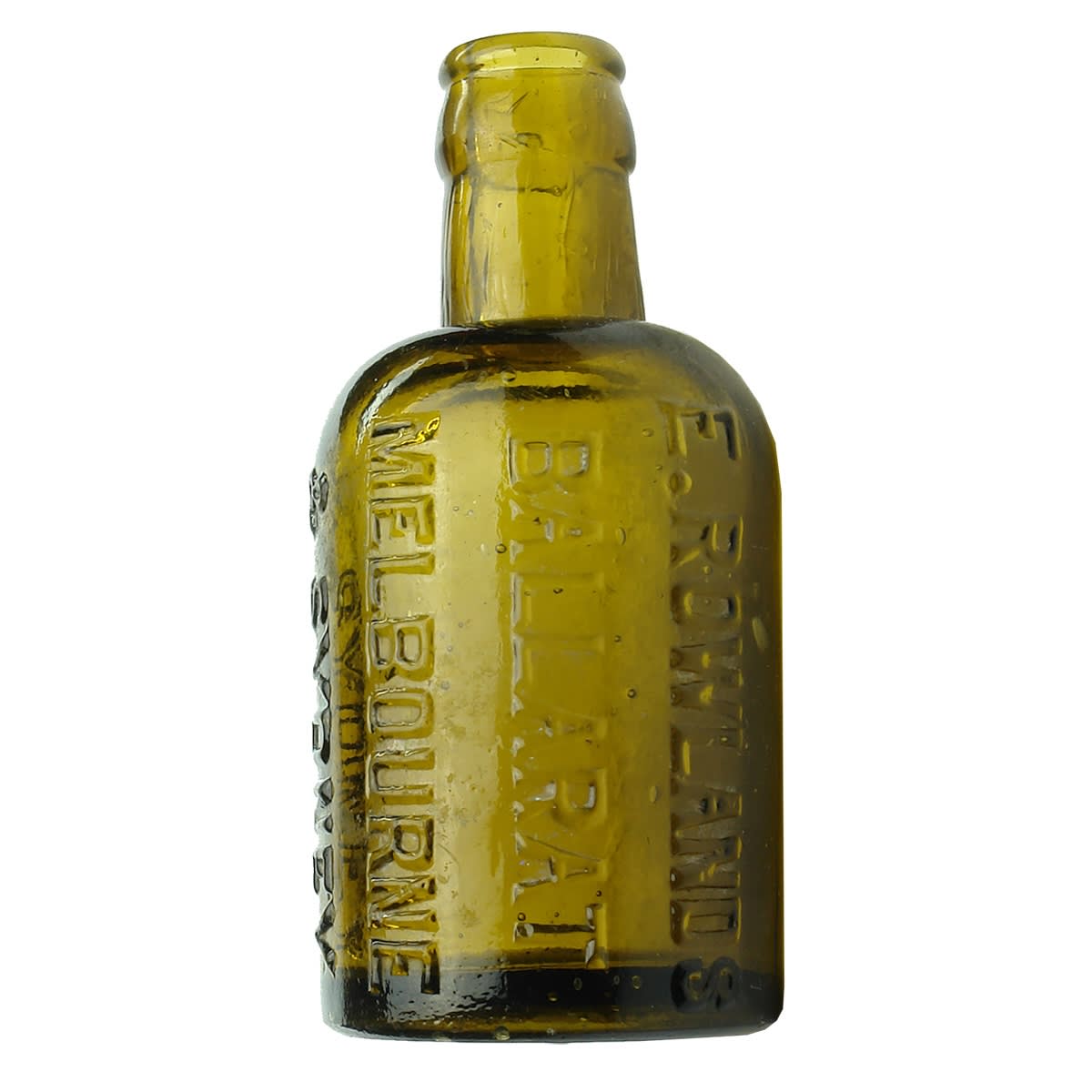 Crown Seal. E. Rowlands, Ballarat, Melbourne & Sydney. M Base Mark. Honey Amber. Dump. 6 oz. (Victoria, New South Wales)