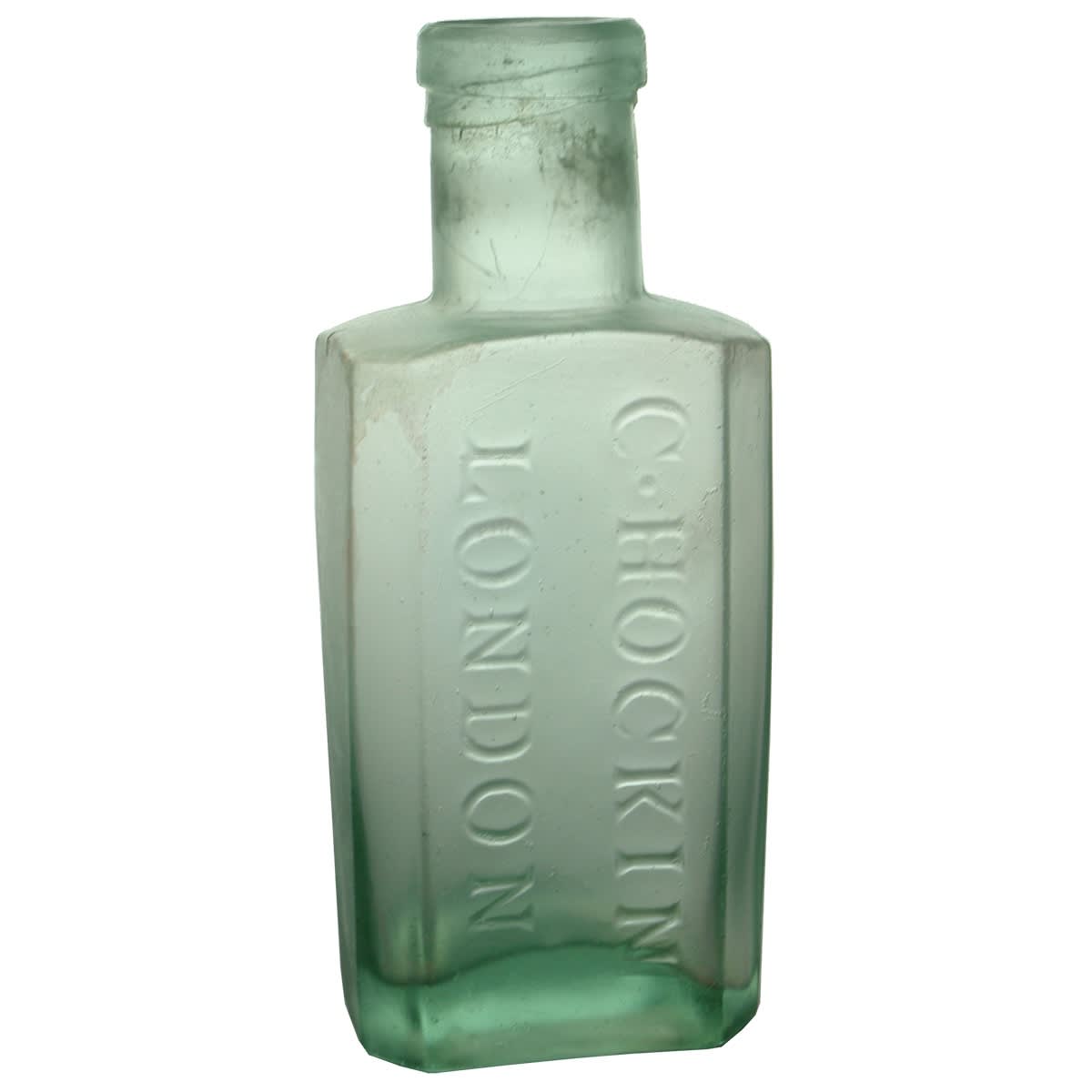 Goldfields Jar. C. Hockin, London. Rectangle. Aqua. 6 oz. (United Kingdom)