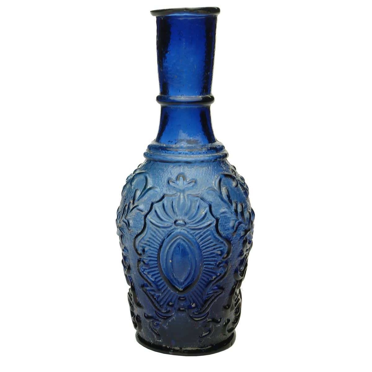 Vinegar. Ornate Cobalt Condiment Bottle with Pontil.