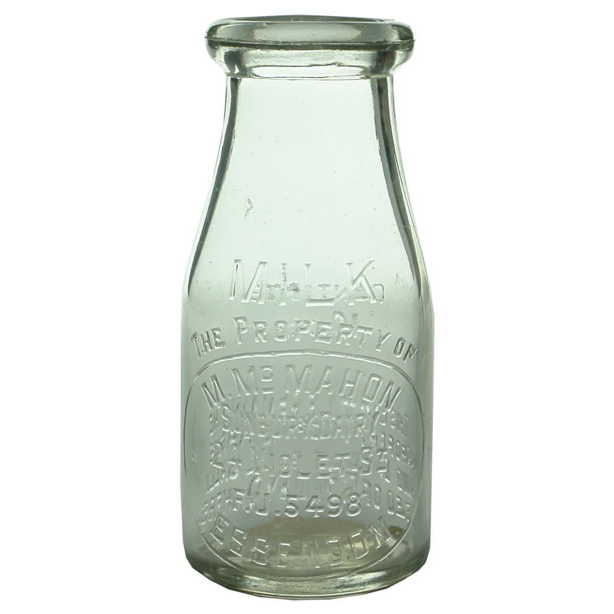 Milk. M. McMahon, Sunbury Dairy, Violet St., Essendon. Base: 70. Half Pint. (Victoria)