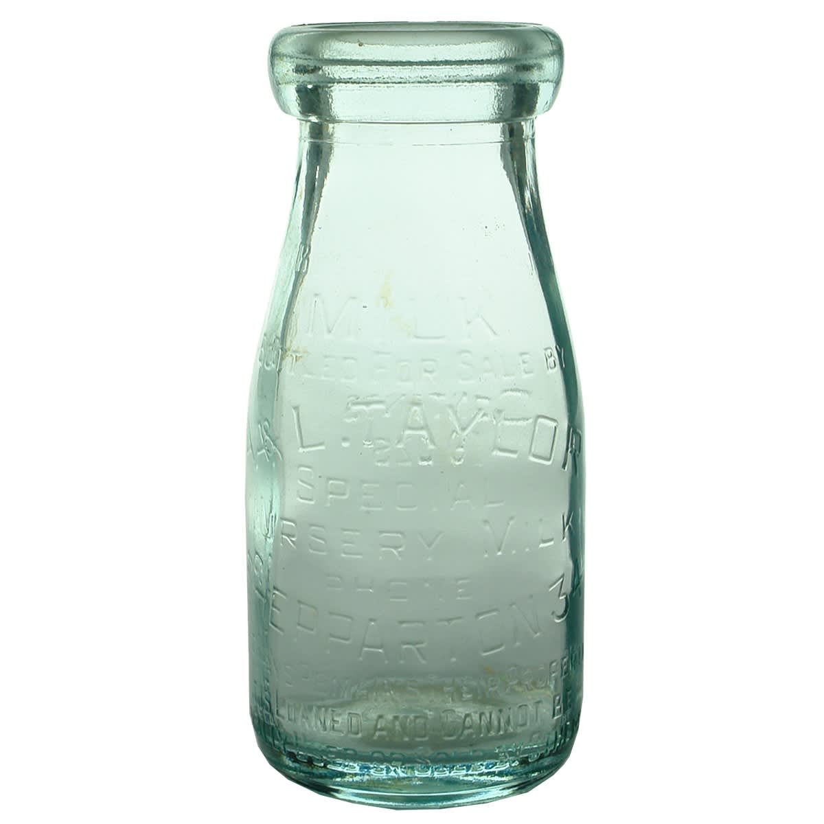 Milk. A. & L. Taylor, Special Nursery Milk, Shepparton. Half Pint. Aqua. Base: 563. (Victoria)