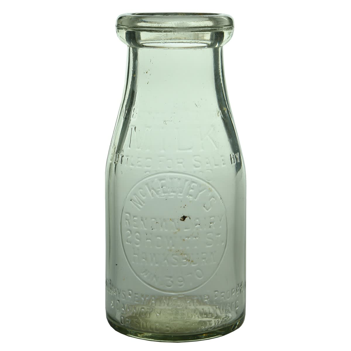 Milk. McKelvey's Renown Dairy, Howitt St., Hawksburn. Base Number 530. Half Pint. (Victoria)