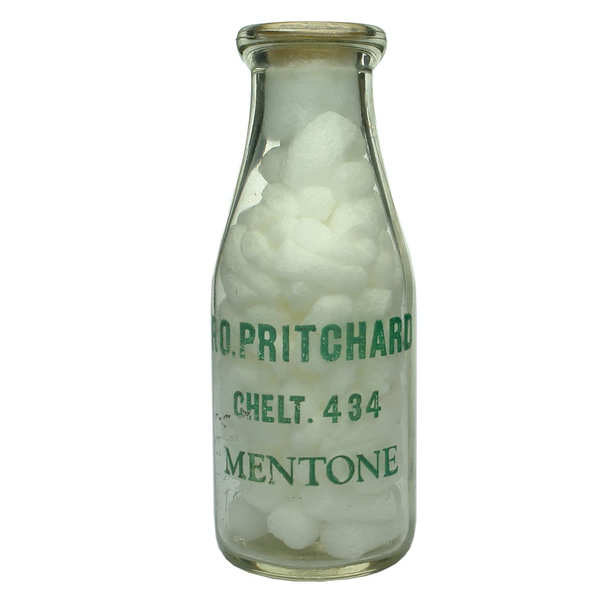 Ceramic Label Milk. F. O. Pritchard, Mentone. Green Print. Pint. (Victoria)