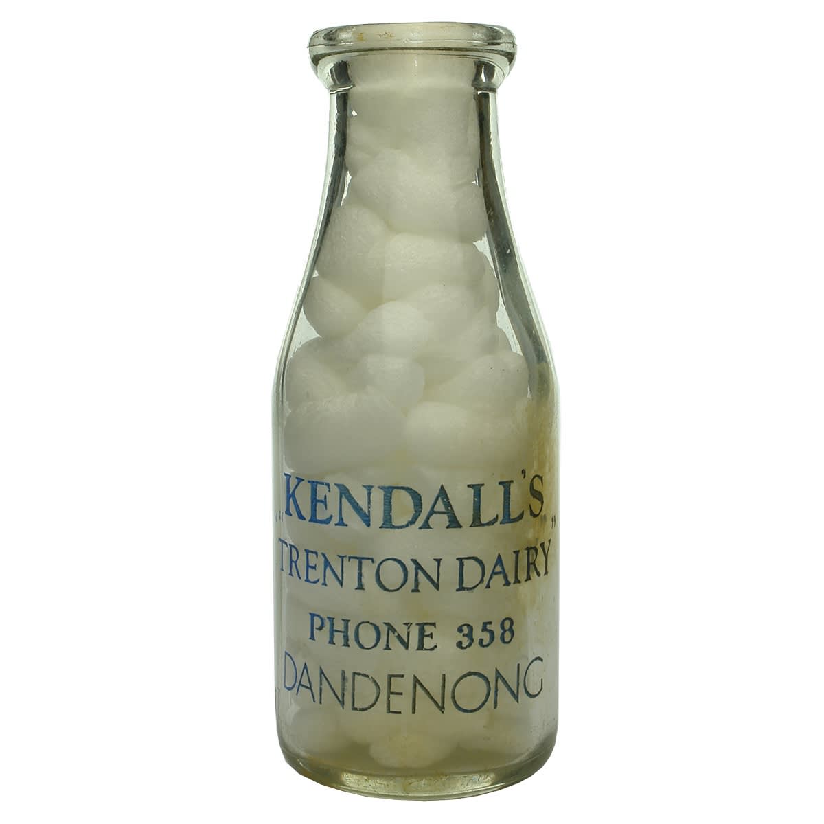 Milk. Kendall's Trenton Dairy Dandenong. Blue Ceramic Label. Pint. (Victoria)
