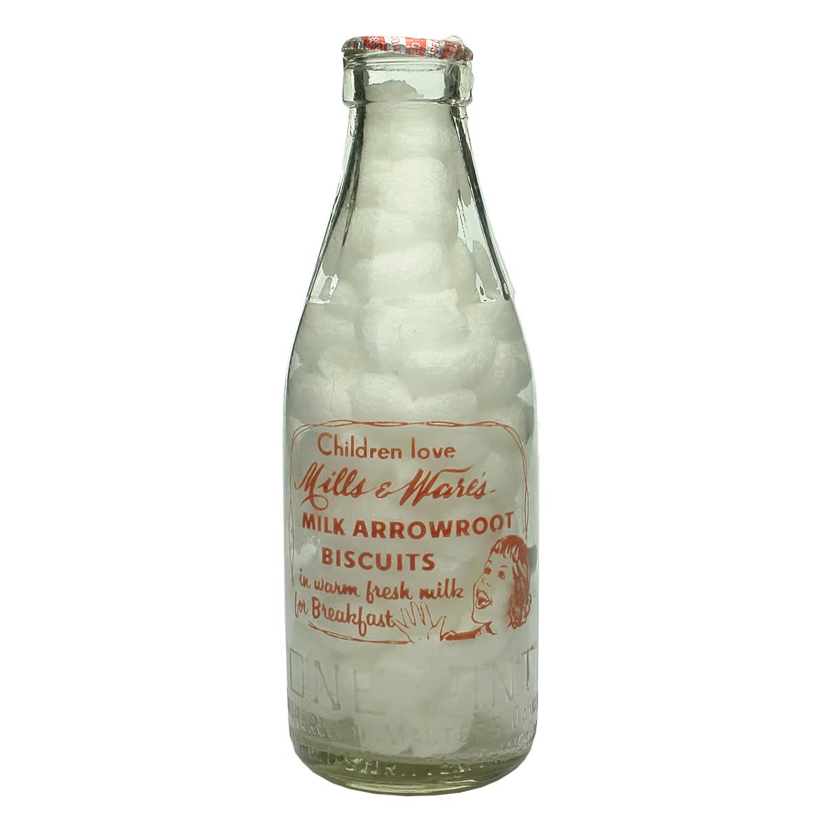 Ceramic Label Advertising Milk. Mills & Wares Milk Arrowroot Biscuits. Masters Dairy Pty Ltd. Pint. (Western Australia)