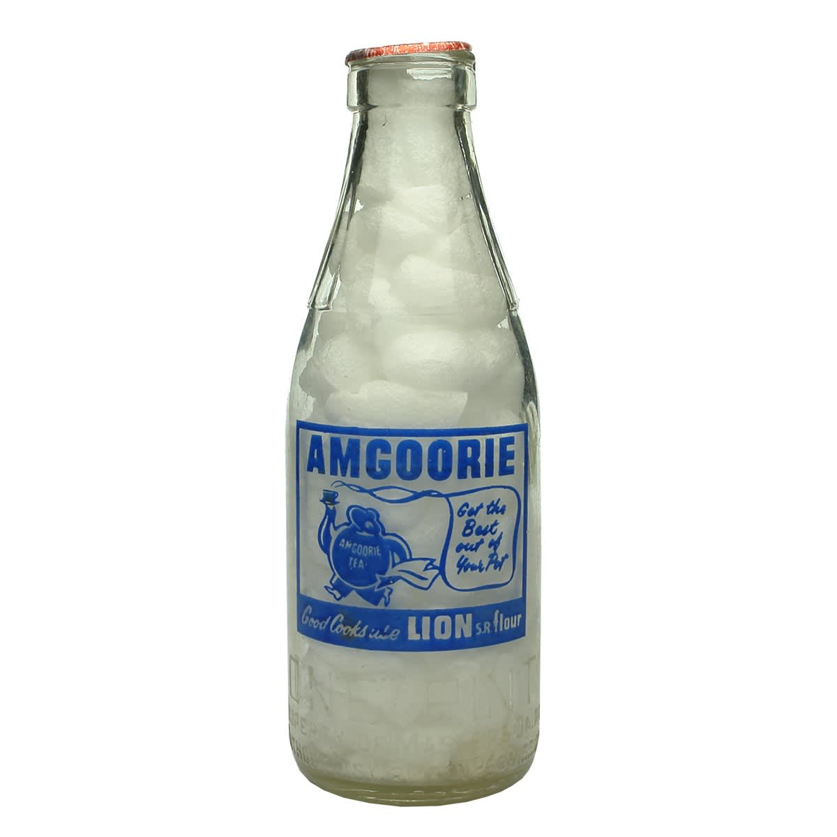 Ceramic Label Advertising Milk. Amgoorie Tea. Lion S.R Flour. Masters Dairy Pty Ltd. Pint. (Western Australia)