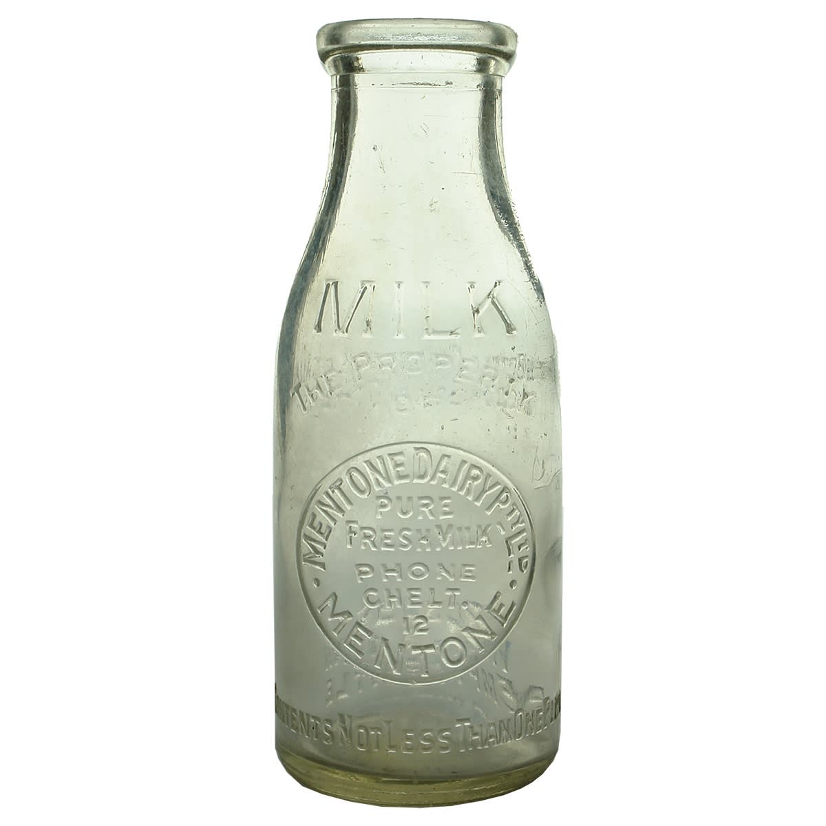 Milk. Mentone Dairy Pty Ltd. Pint. Base Number: 179. (Victoria)