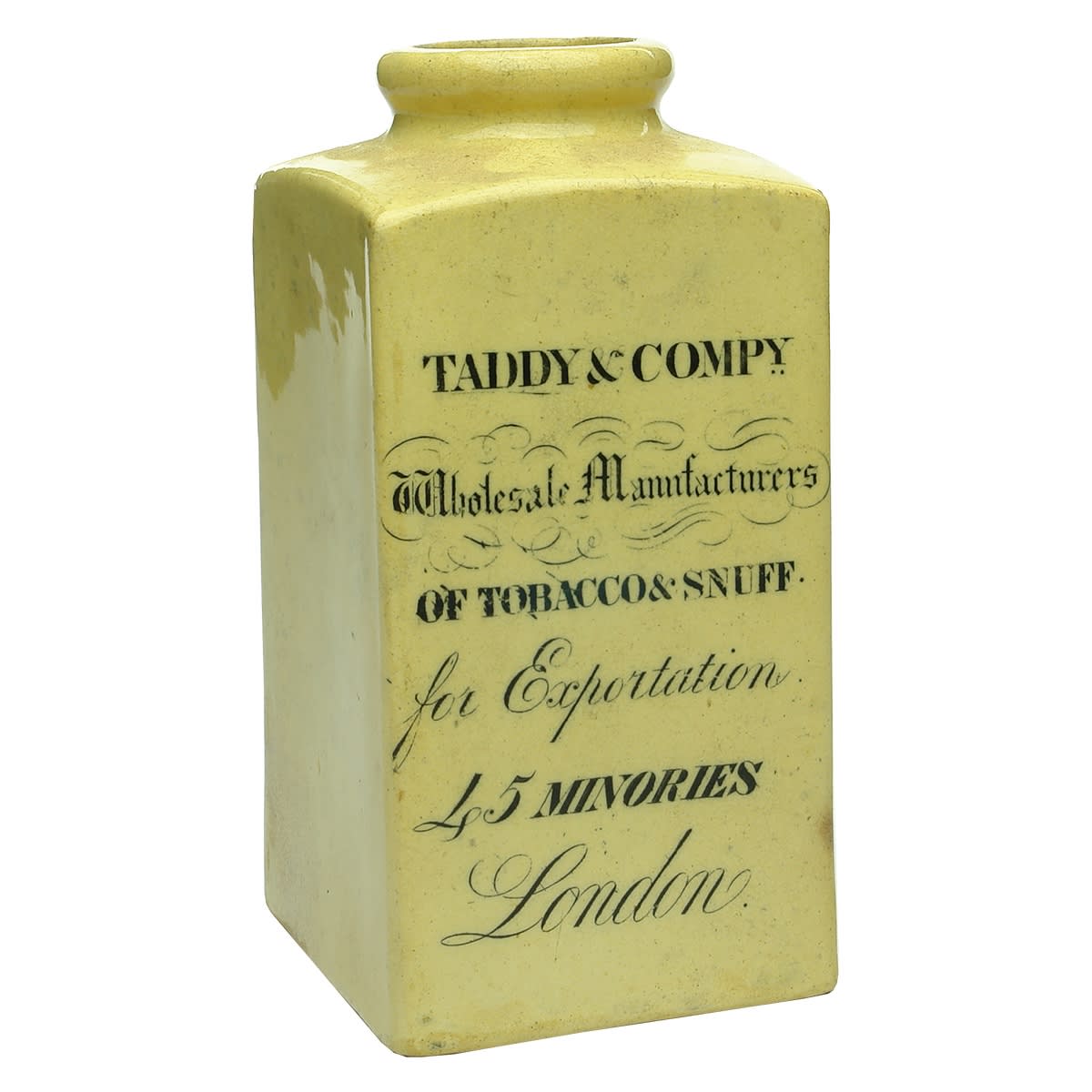 Tobacco or Snuff Jar. Taddy & Co., 45 Minories, London. 142 mm tall.
