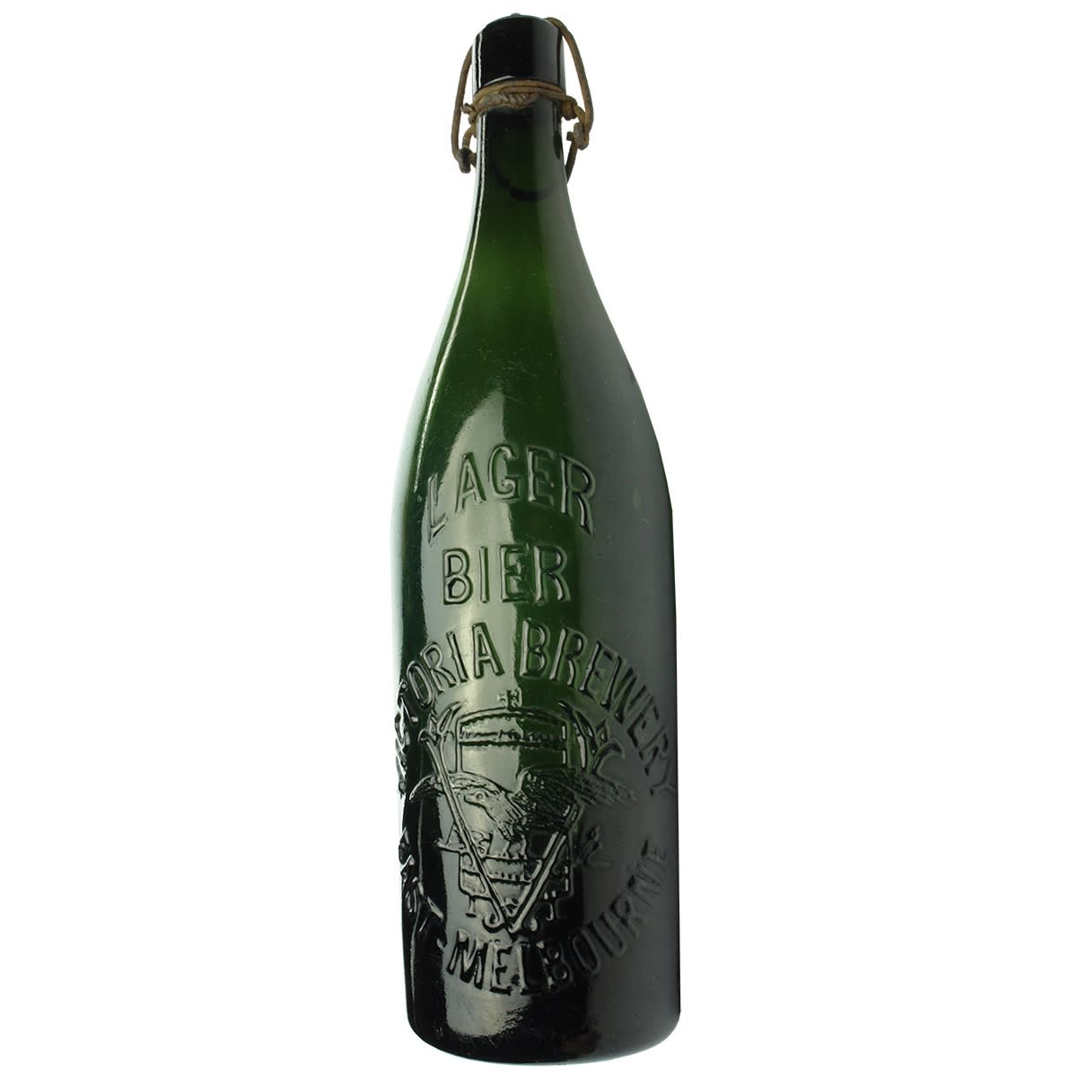 Beer. Victoria Brewery Lager Bier, East Melbourne. M base mark. Green. 26 oz. Original Lightning Stopper. (Victoria)