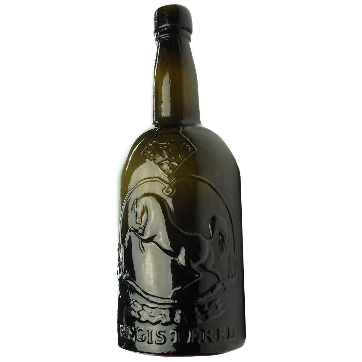 Beer. Black Horse Ale. Black Glass. Squat. 26 oz. Straight sided top. (Tooth & Co., Kent Brewery)