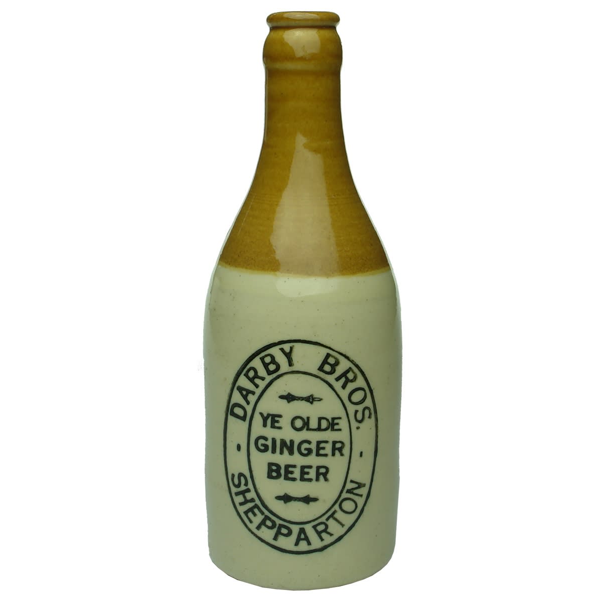 Ginger Beer. Darby Bros., Shepparton. Fowler pottery. Crown Seal. Tan Top. (Victoria)