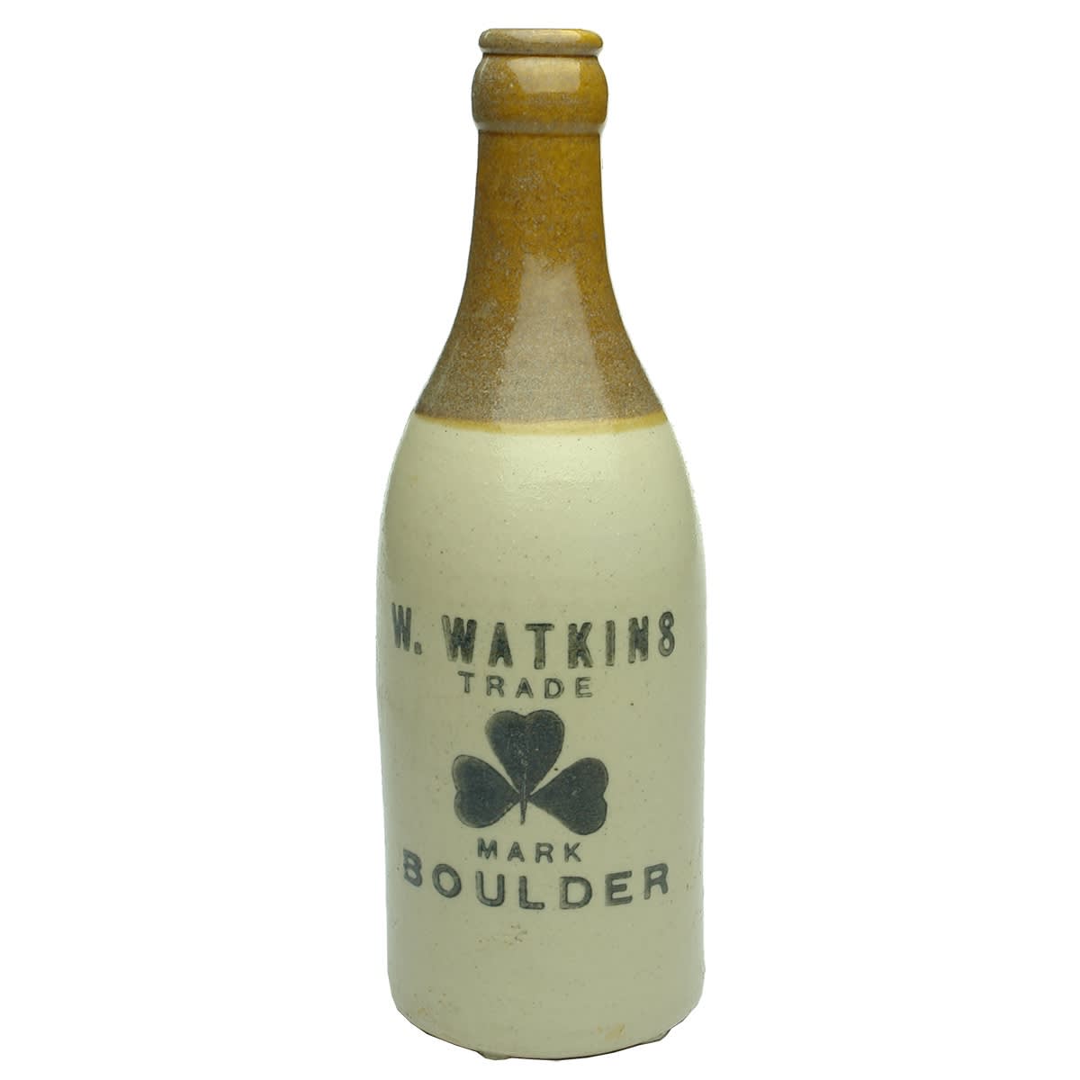 Ginger Beer. W. Watkins, Boulder. Shamrock or Clover. Crown Seal. Tan top. (Western Australia)