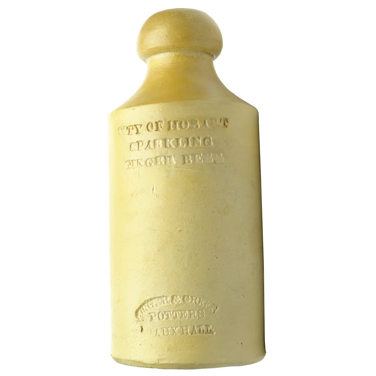 Ginger Beer. City of Hobart, Sparkling Ginger Beer. Singer & Green Potters Vauxhall. Repaired. Impressed. (Tasmania)