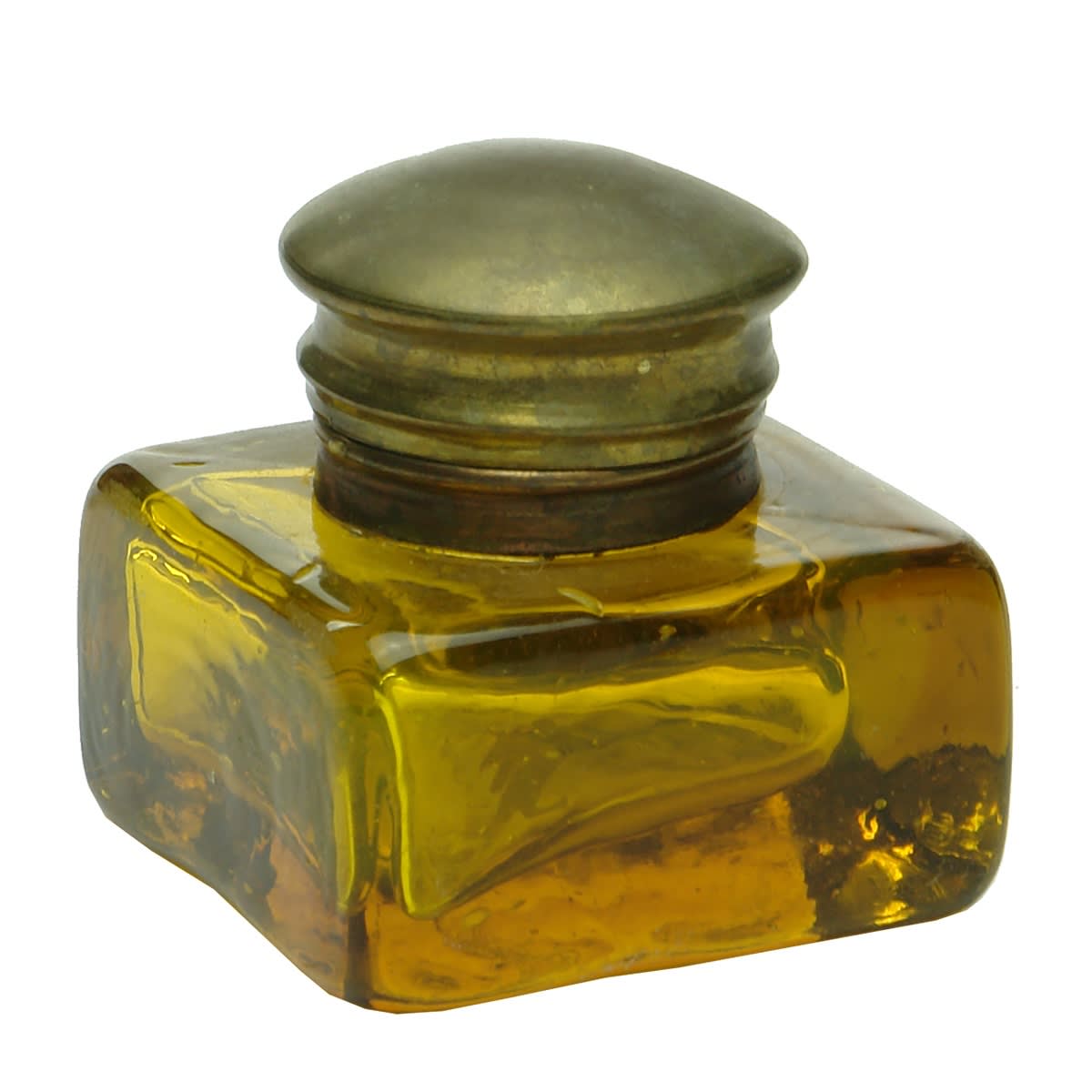 Ink. Early amber inkwell with brass cap.