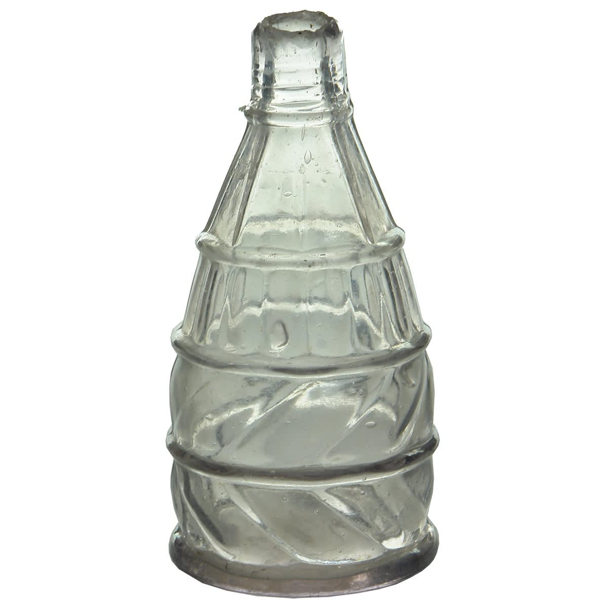 Ink. Beehive type shape with swirled and lined patterns in different levels. Pale sun coloured amethyst. Thin shear lip. 96 mm.