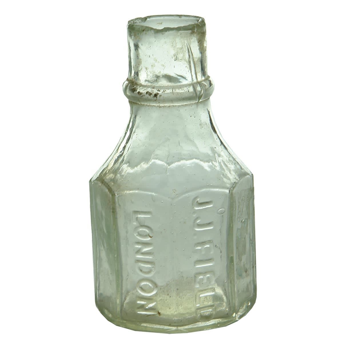 Ink. J. J. Field, London. Octagonal kind of Tent shape. Shear Lip. Clear. 85 mm.