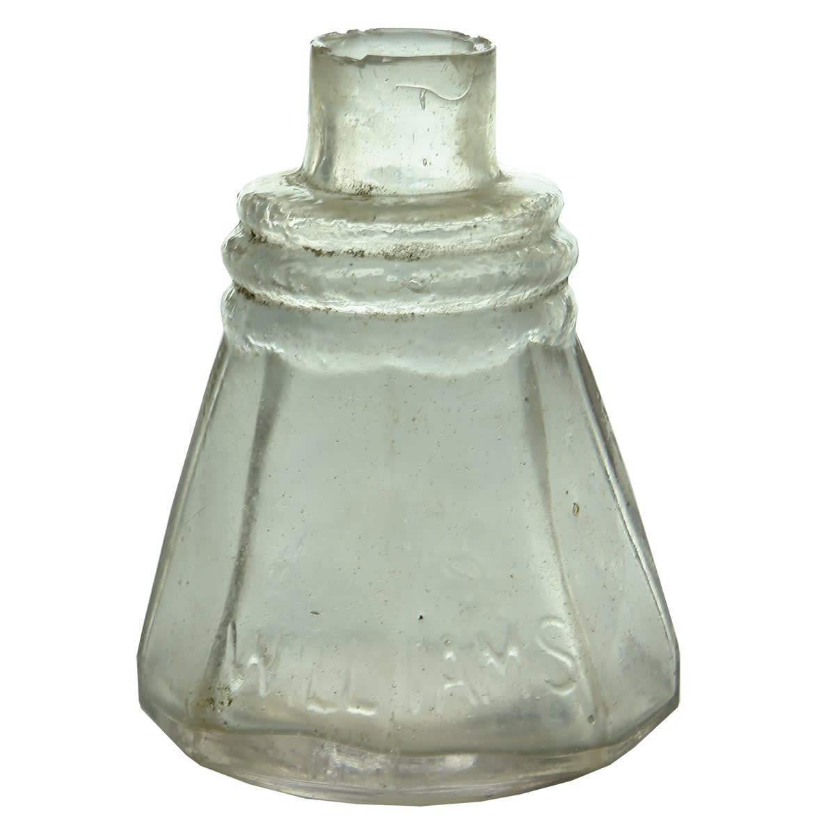 Ink. Octagonal cone shaped. Williams across two panels on either side. Clear. 2 oz. 86 mm.