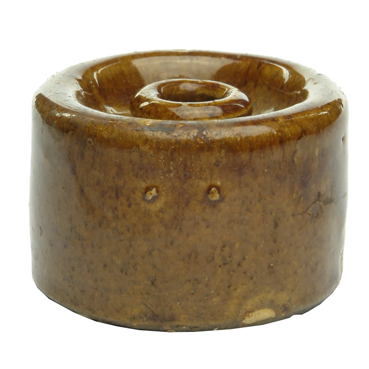 Ink. Unusual stoneware ink with deep recess around the top. Mottled brown glaze. Australian? No markings.