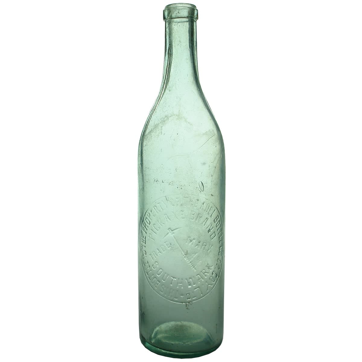 Brandy. Adelaide Bottle Co-operative Company. Pickaxe. Southwark. Aqua. Spun top. (South Australia)
