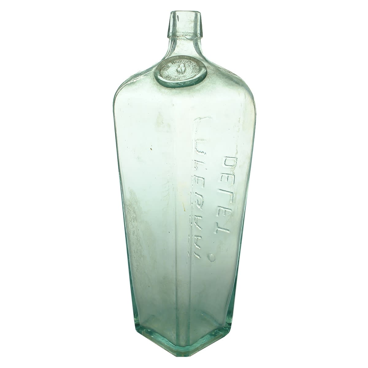 Gin. De Papegaai, Delft. Parrot pictorial on applied seal. Aqua. Applied top. Quart.