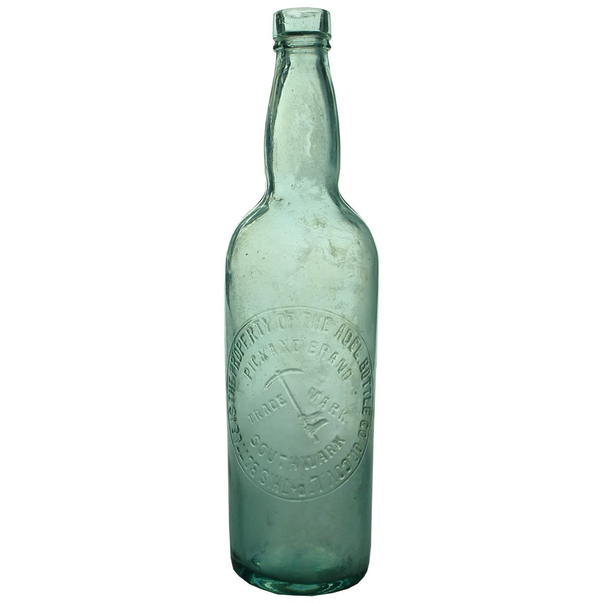 Gin. Pickaxe Brand, Southwark, Adelaide. Glass Stoppered with ledge in lip. Aqua. 26 oz. (South Australia)