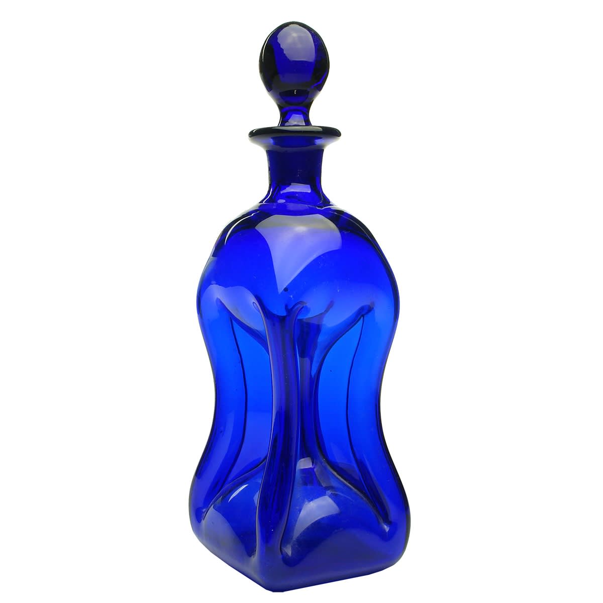 Gin. Cobalt pinch waisted gin with stopper. Polished pontil. 20 oz.